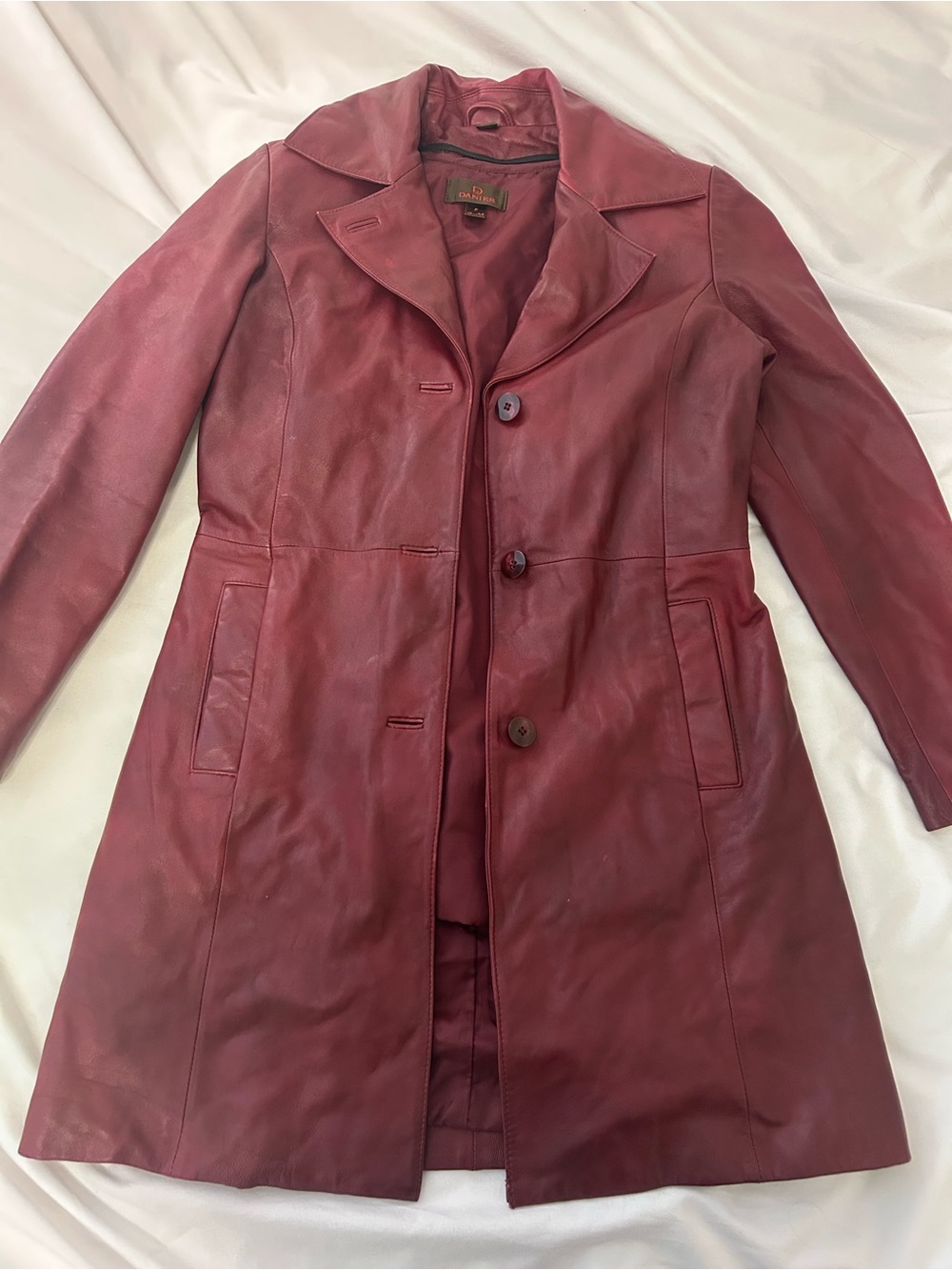 Danier Women's Burgundy Leather Button-Front Coat